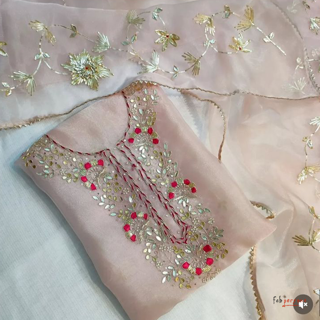 Organza Hand Work Unstitched Suit with Shantoon Bottom