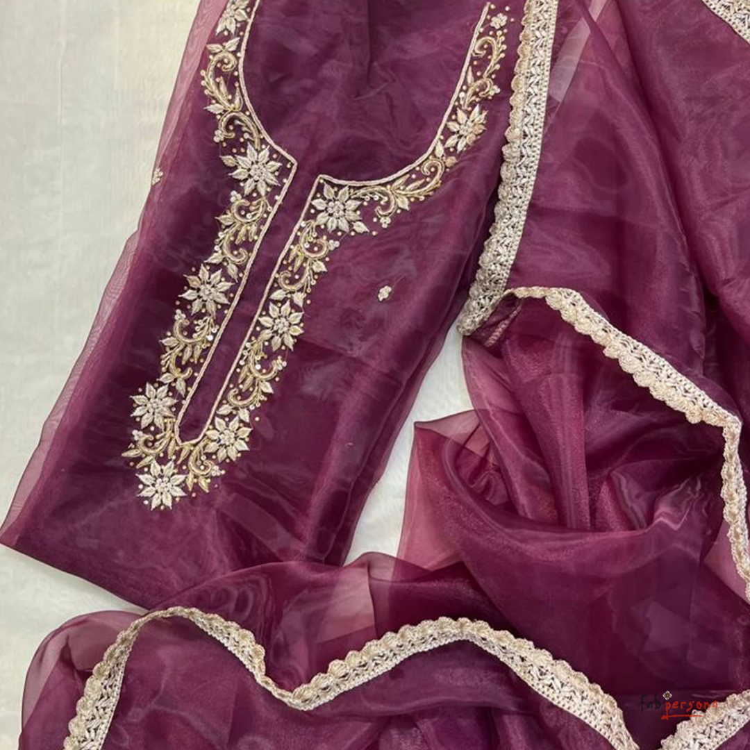 Organza Hand Work Unstitched Suit with Shantoon Bottom