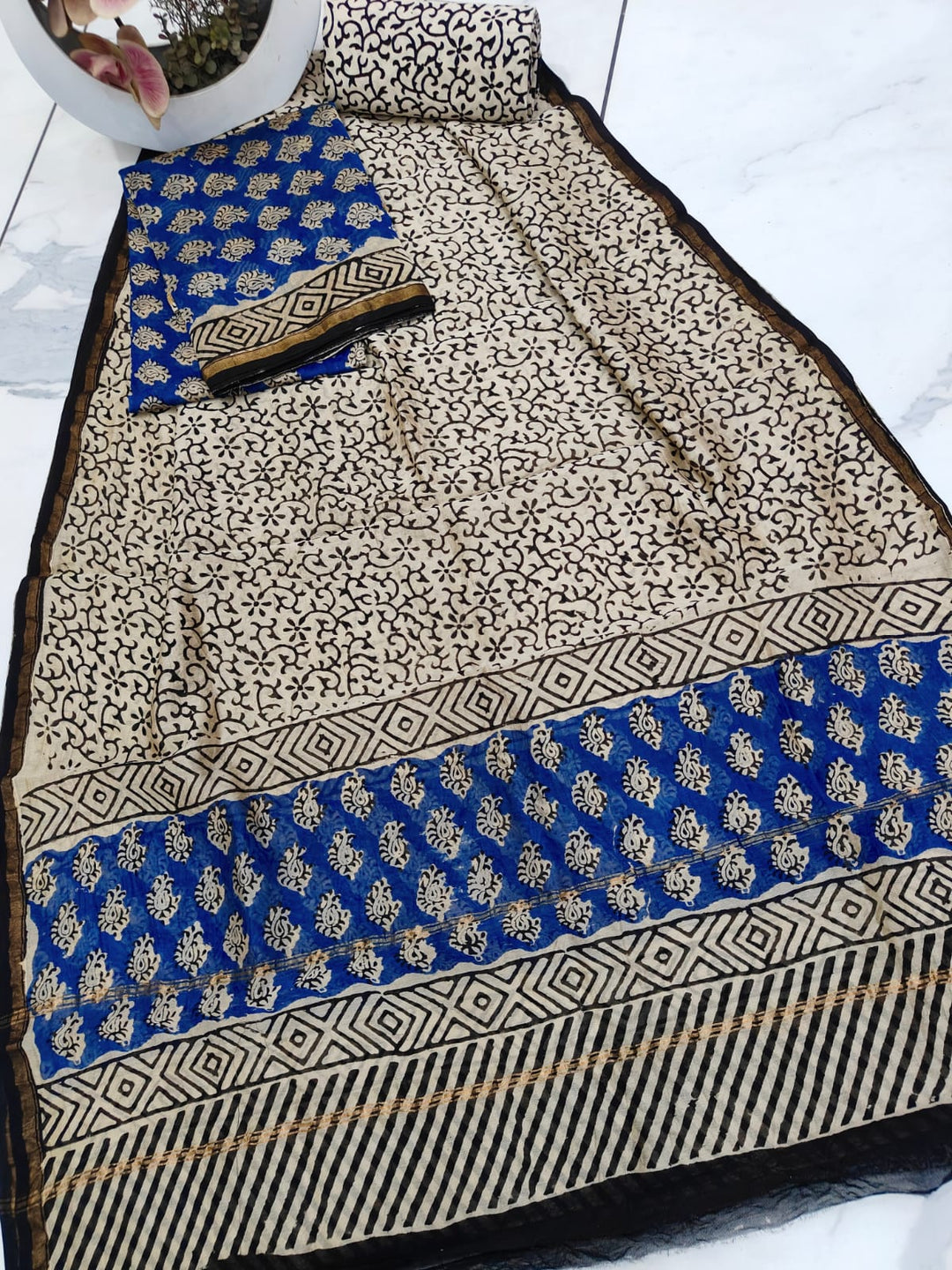 Pure Hand Block Chanderi Silk Unstitched Suit .