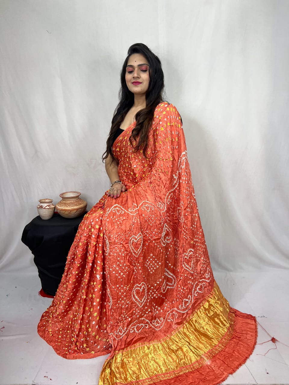 Pure Natural Dyeing Hand Block Bandhej Print Modal silk saree.