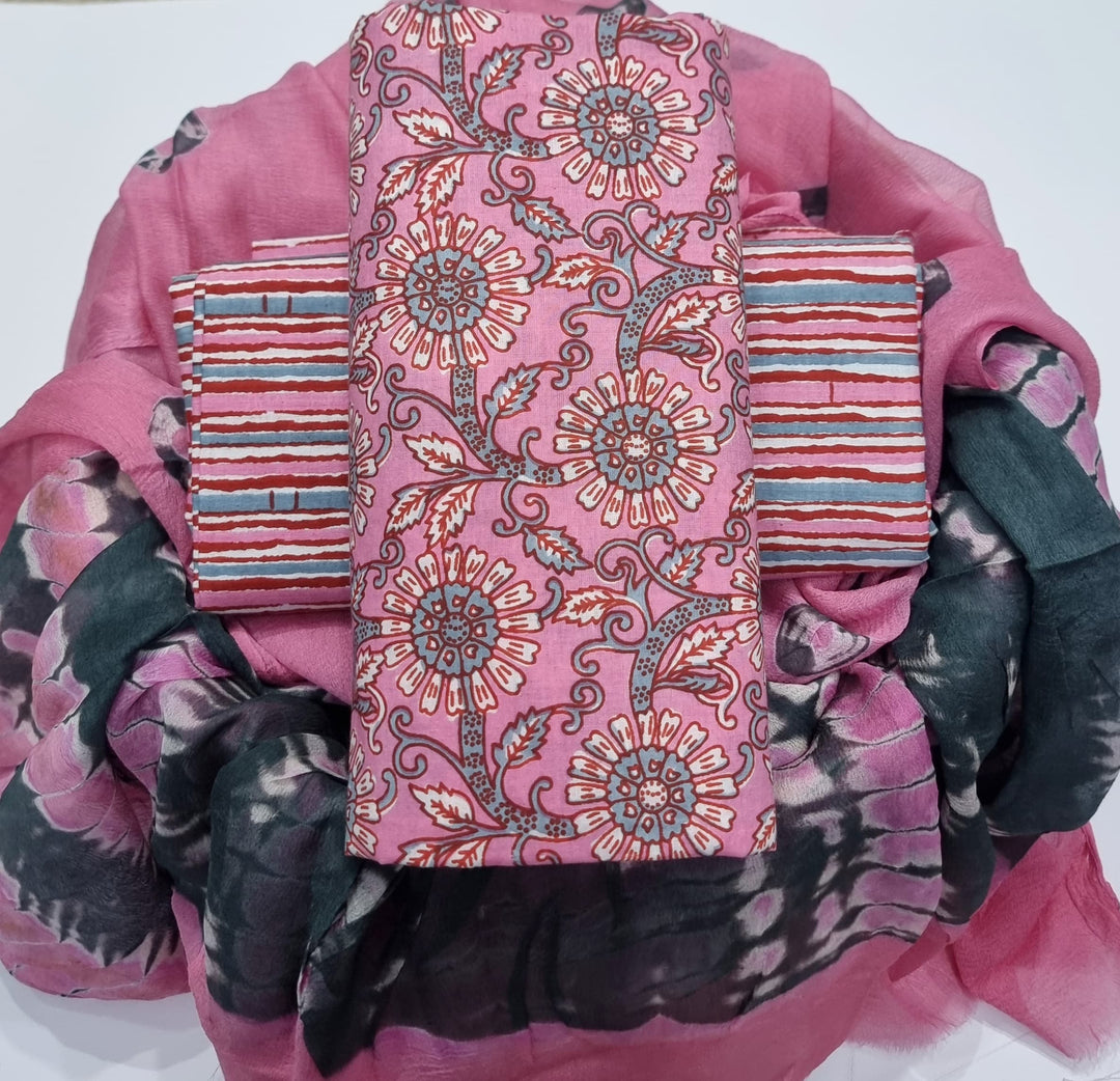 Pure Cotton Hand Block Print Unstitched Suit with chiffon dupatta .
