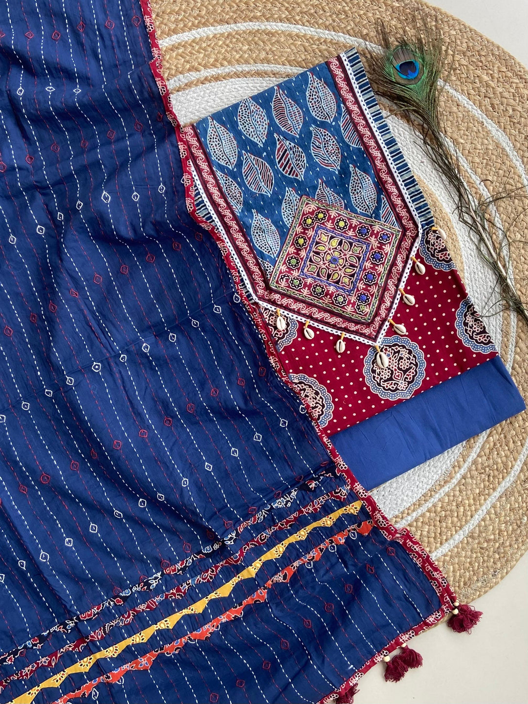 Pure Cotton Azrakh Print Unstitched suit With Patch Work Dupatta