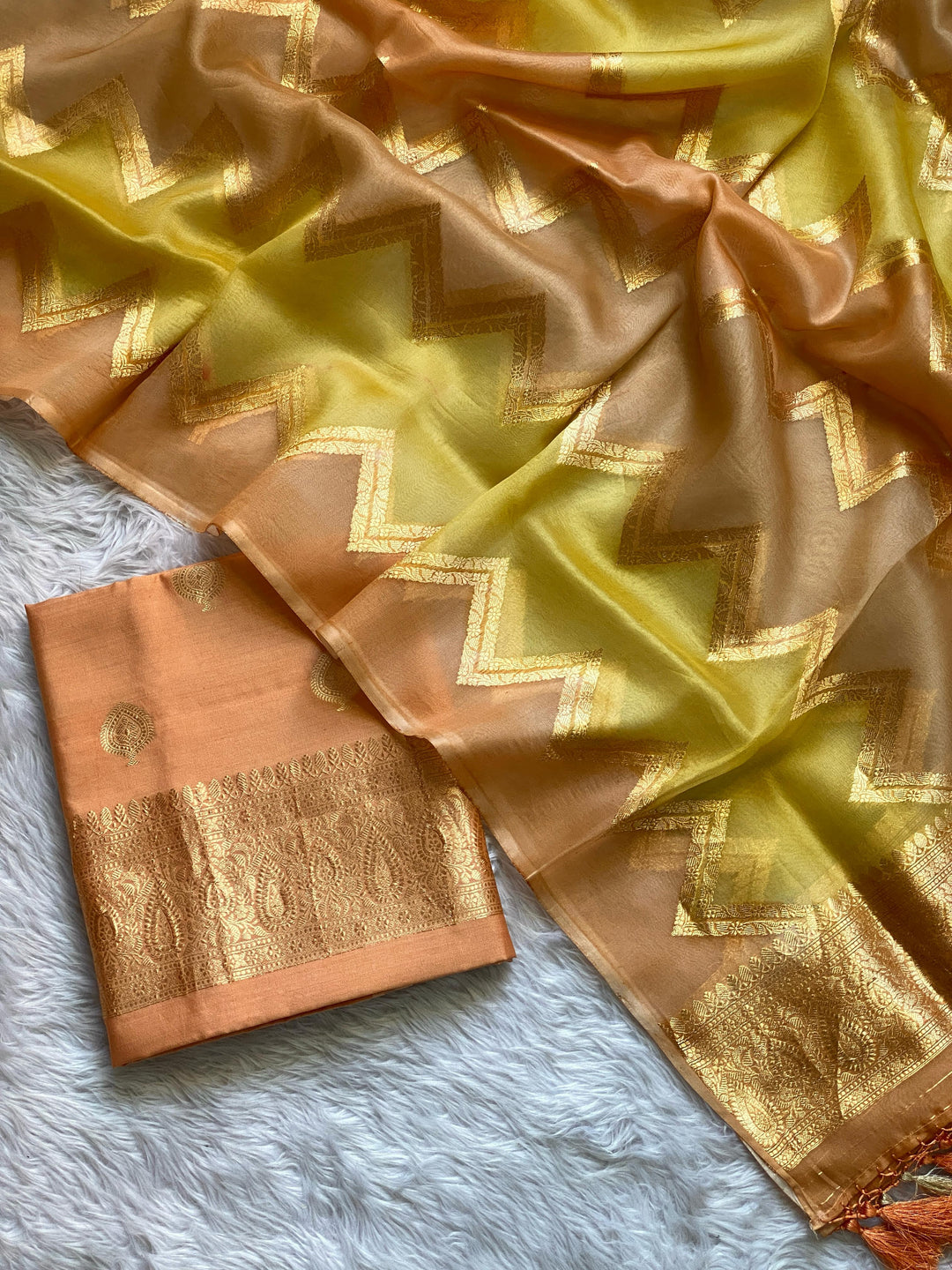 Pure Banarasi Chiniya Silk Kadwa Booti Unstitched Suit With Pure Kora Rangkaat Dupatta.