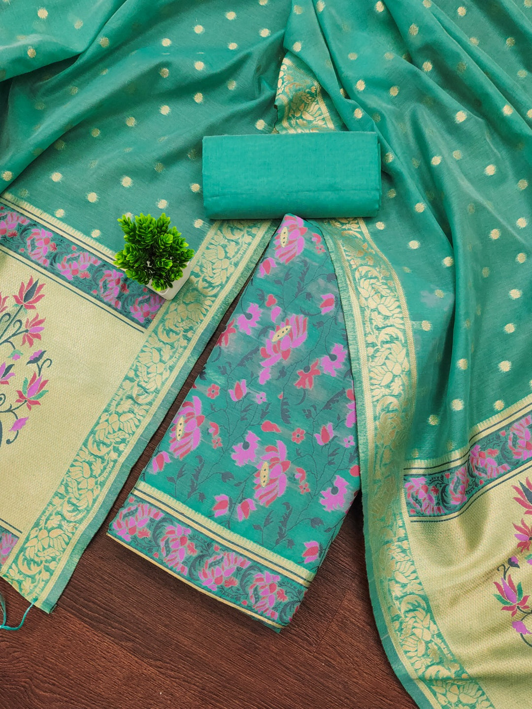 Pure Banarasi Cotton Jamdani Weaved Zari And Meenakari Work Unstitched Suit .