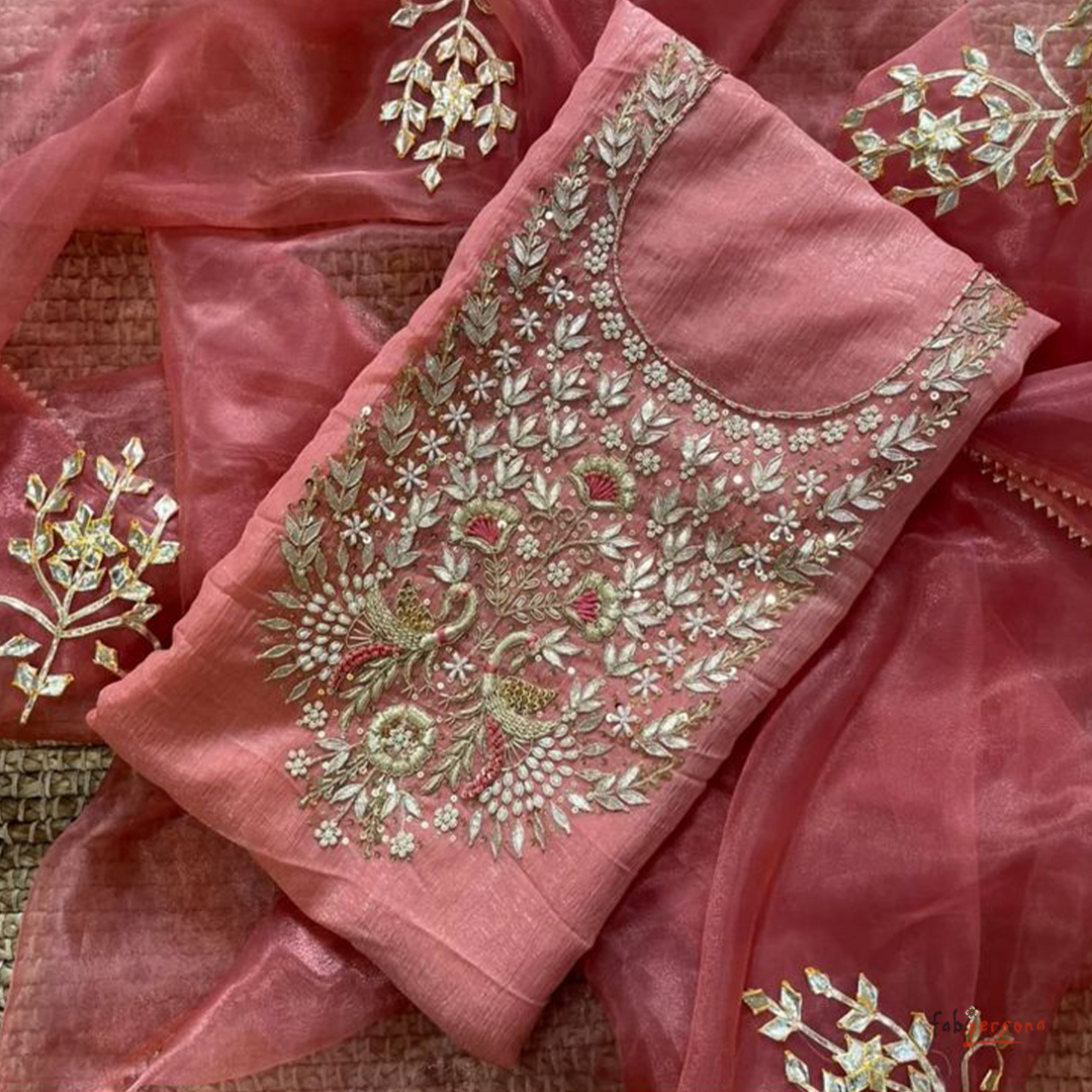 Organza Hand Work Unstitched Suit with Shantoon Bottom