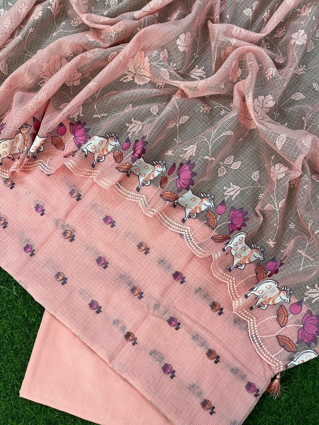 Pure Banarasi Kota Doriya Embroidery unstitched Suit With Kota pichwai Work Dupatta.