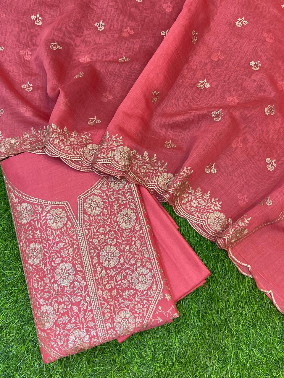 Pure Banarasi Resham Mal Chanderi Silk Zari Unstitched Suit with Beautiful Neck Embroidery.