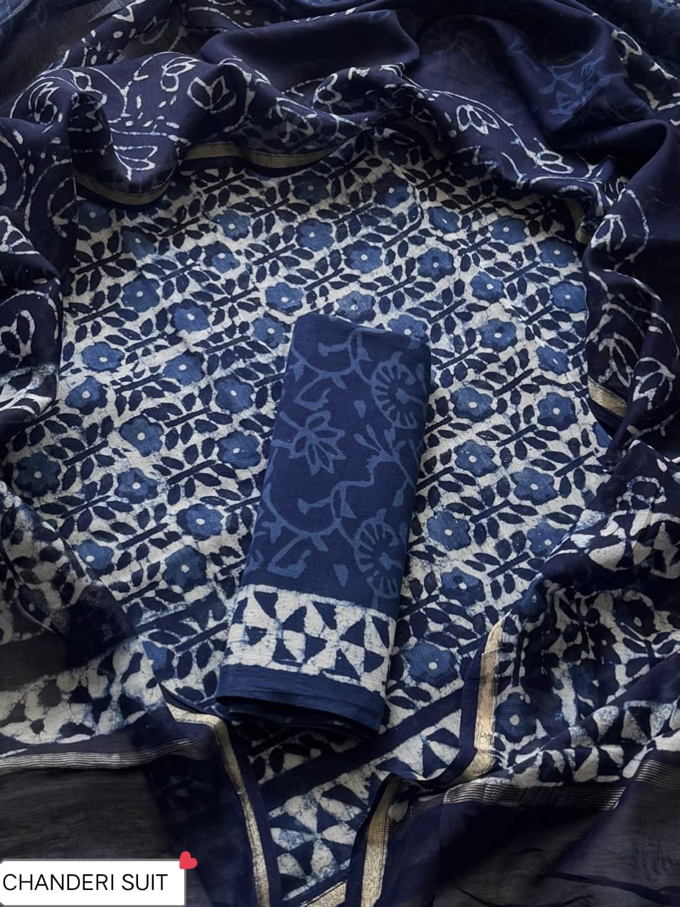Pure Hand Block Chanderi Silk Unstitched Suit.