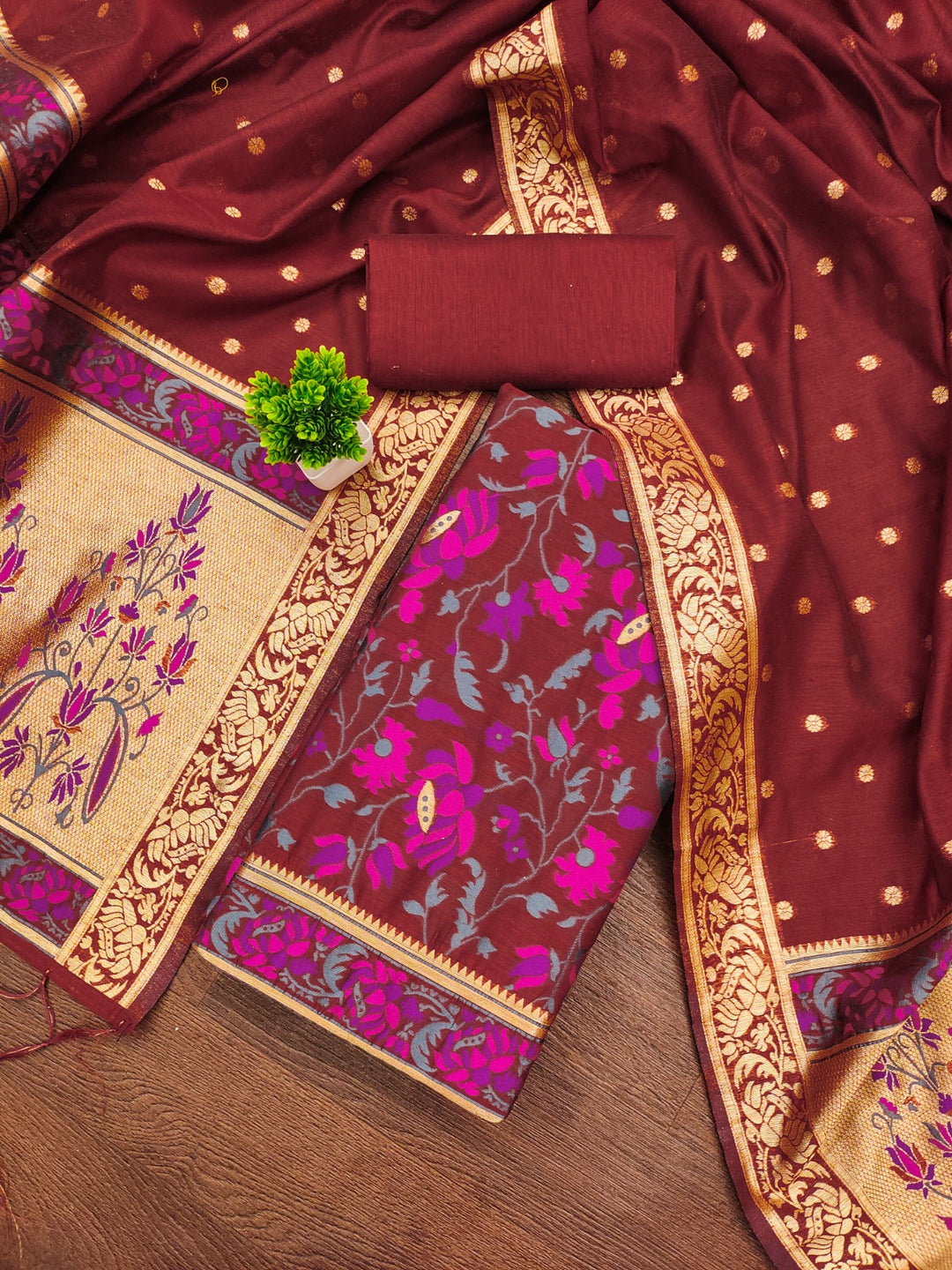 Pure Banarasi Cotton Jamdani Weaved Zari And Meenakari Work Unstitched Suit .