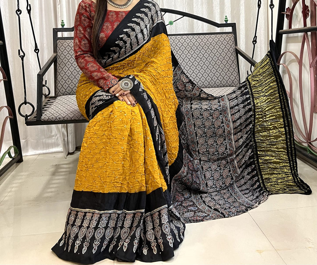 Pure Natural Dyeing Hand Block Bandhej Print Modal silk saree.