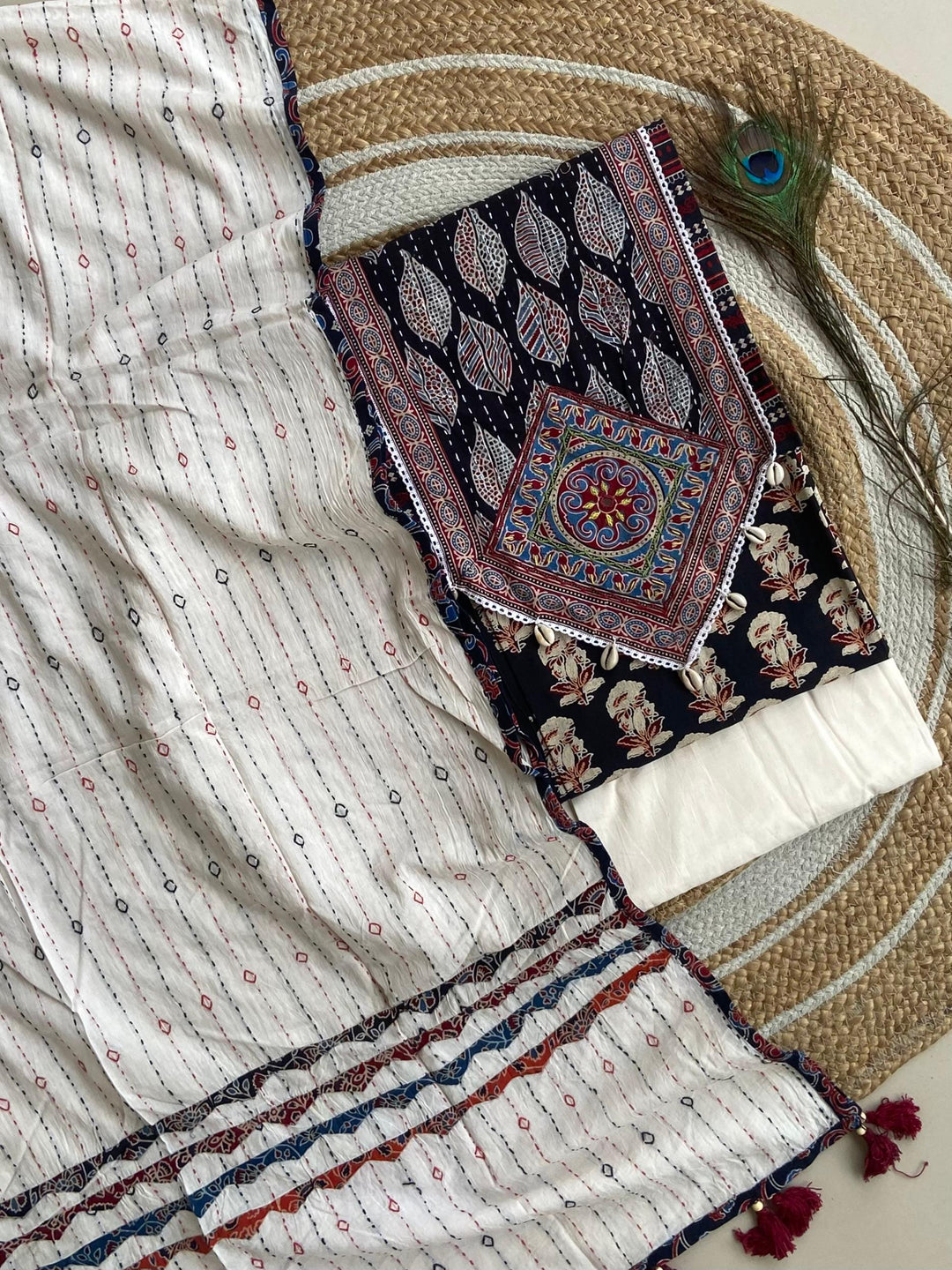 Pure Cotton Azrakh Print Unstitched suit With Patch Work Dupatta