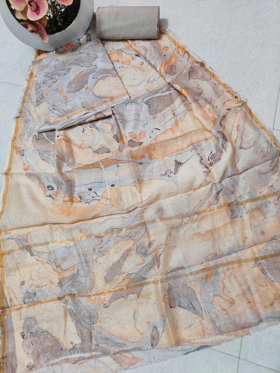 Pure Hand Block Chanderi Silk Unstitched Suit .