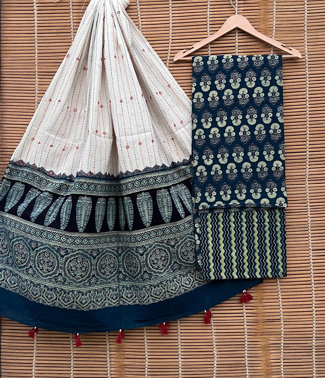 Pure Cotton Azrakh Print Unstitched suit Whit Kantha Work Dupatta.
