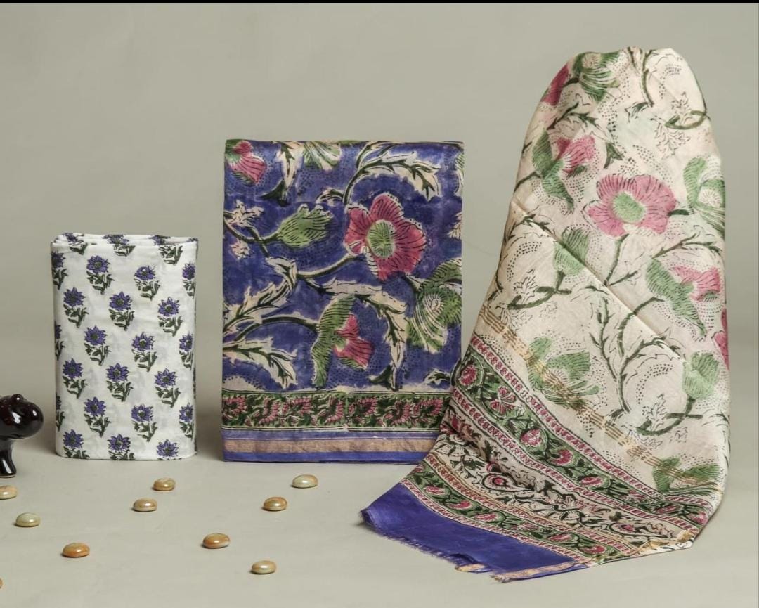 Pure Hand Block Chanderi Silk Unstitched Suit.