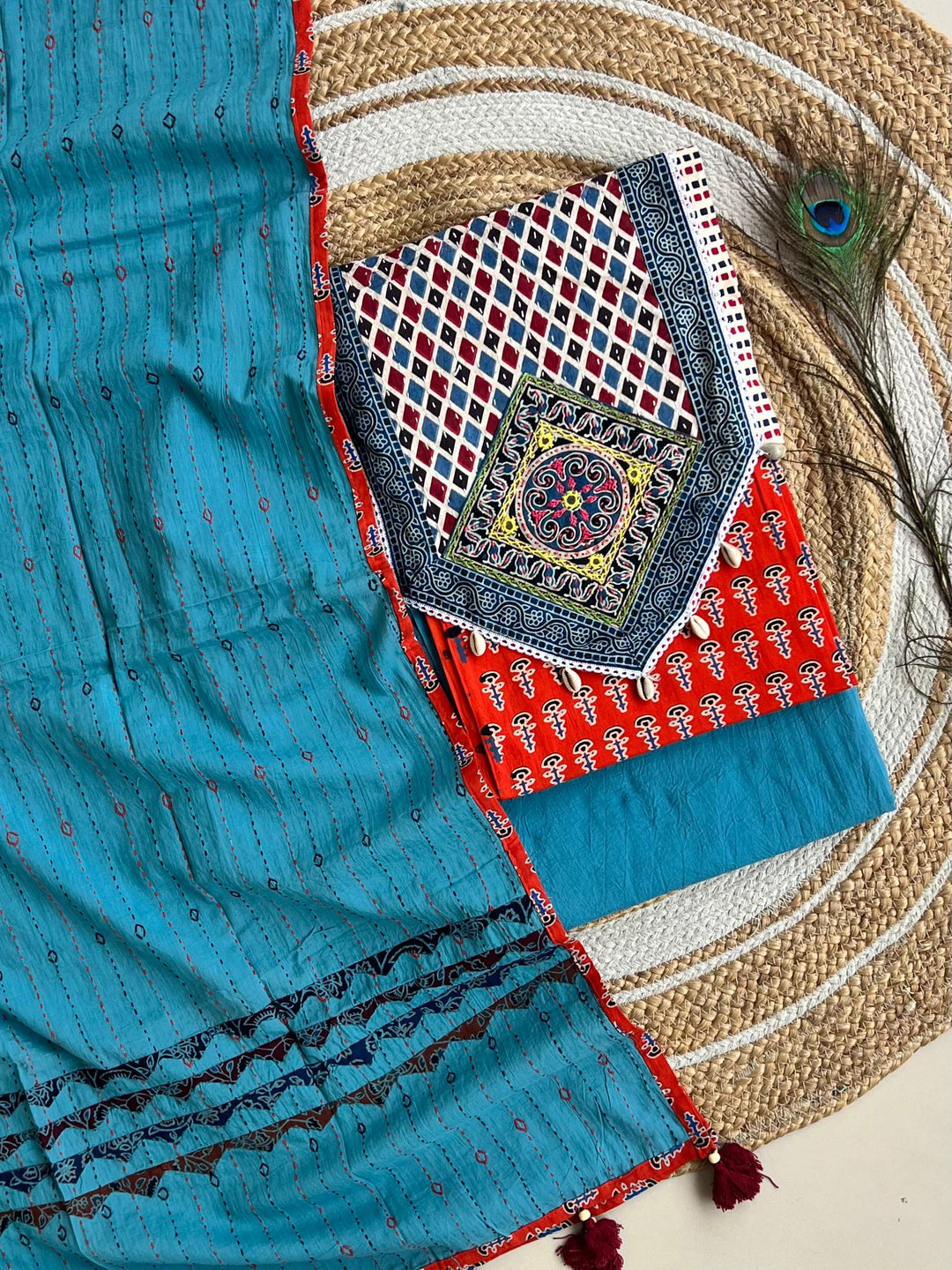 Pure Cotton Azrakh Print Unstitched suit With Patch Work Dupatta
