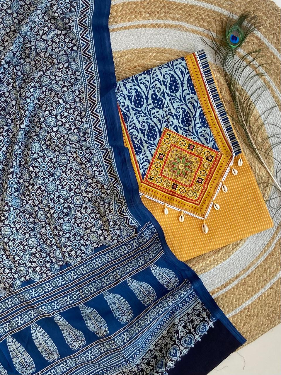Pure Cotton Azrakh Print Yoke Handwork Unstitched suit .