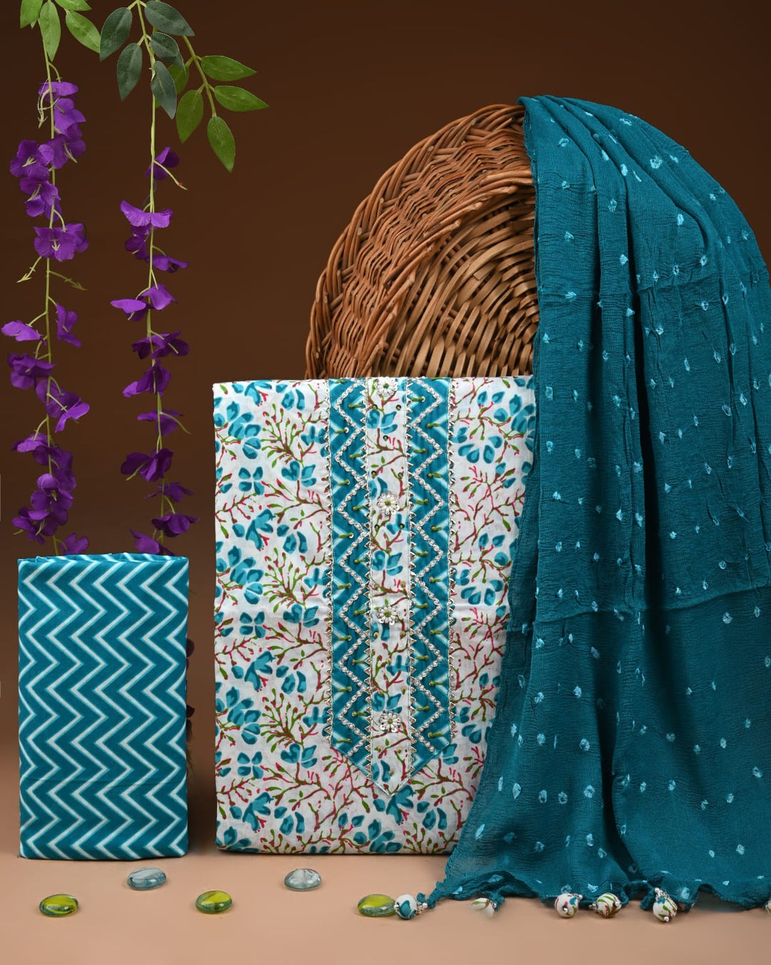 Pure Cotton Gotta patti Work unstitched Suit With Chiffon Dupatta.