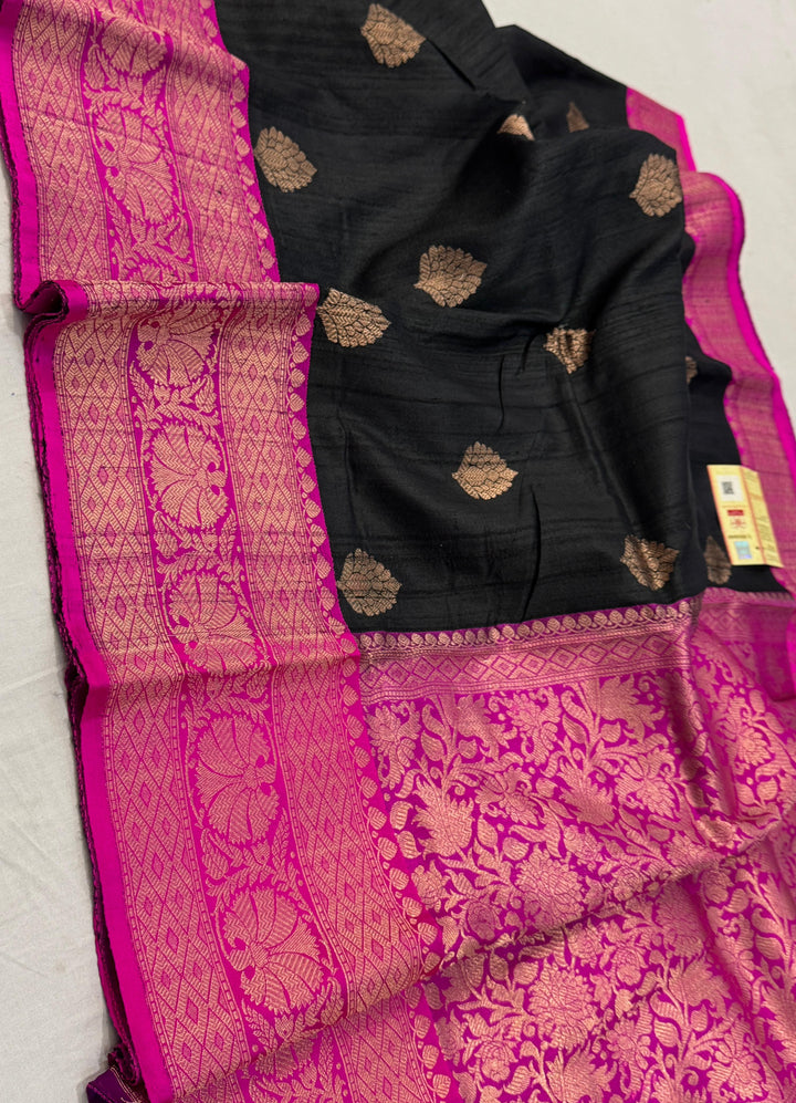 HandloomPure Banarasi Tussar Silk Saree With Kadhuwa Border Work.