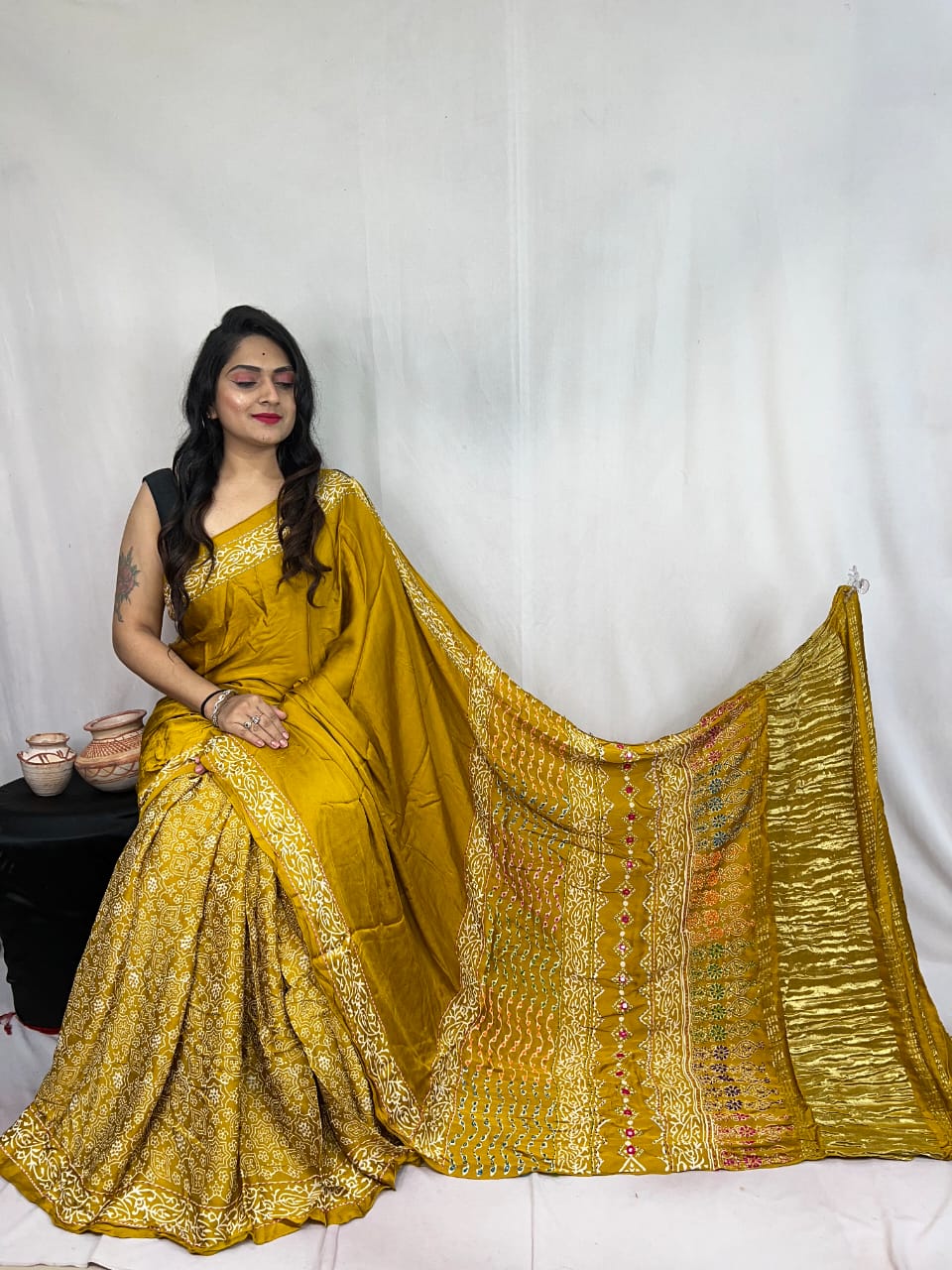 Pure Natural Dyeing Hand Block Ajrakh Print Modal silk saree.