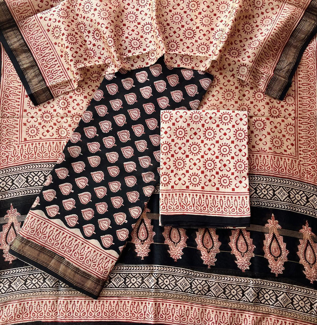 Pure Maheshwari Silk Hand block print Unstitched Suit.