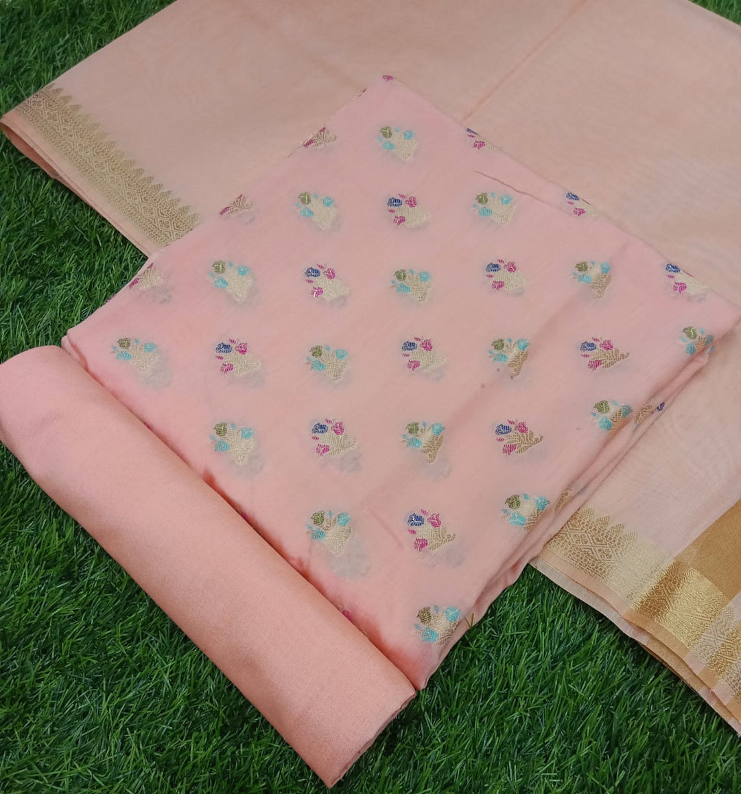 Pure Banarasi Cotton Silk Alfi Butti Work Unstitched Suit With Chanderi Zari Dupatta.
