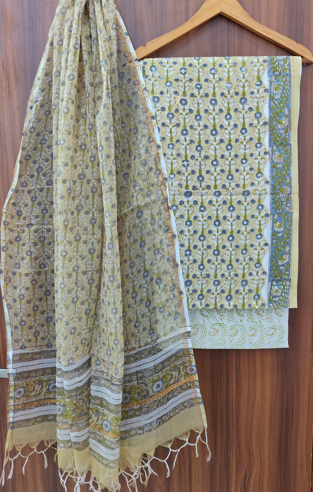 Pure Cotton Hand block print Unstitched Suit with Kota Dupatta.
