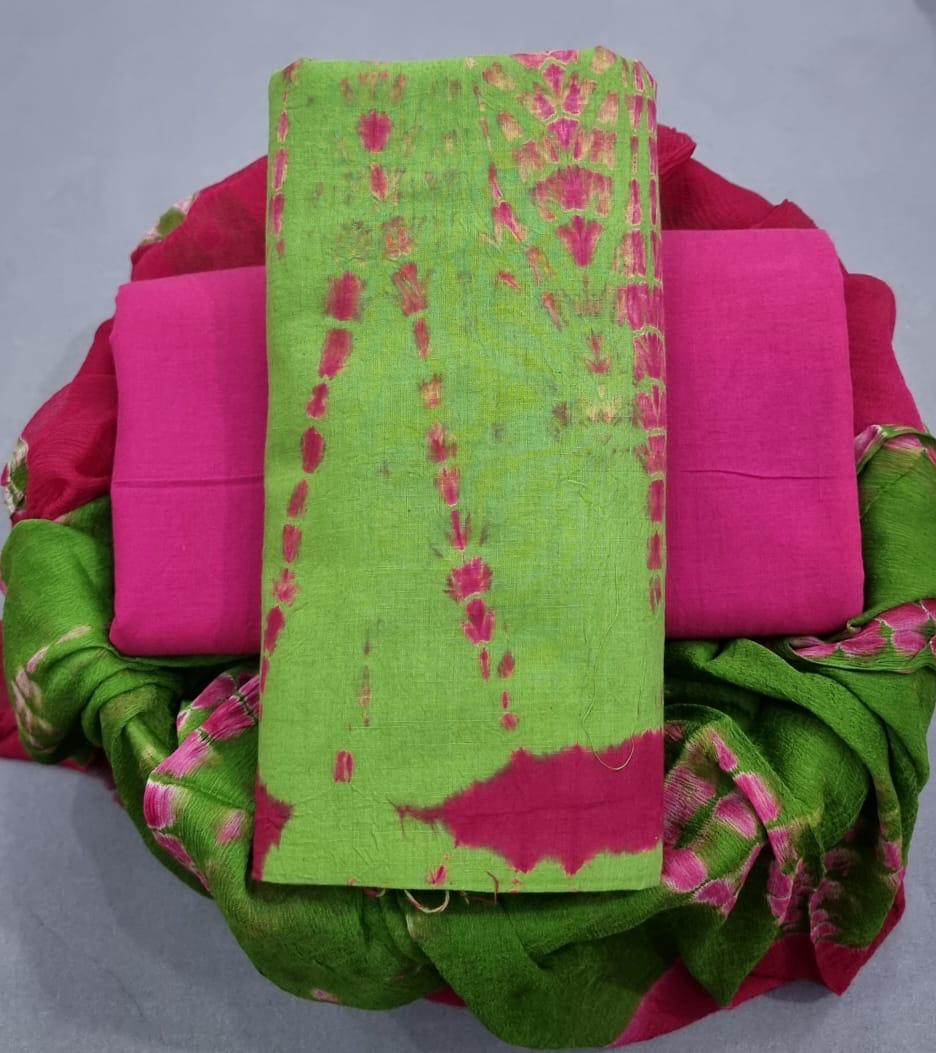 Pure Cotton Hand Block Print Unstitched Suit with chiffon dupatta .