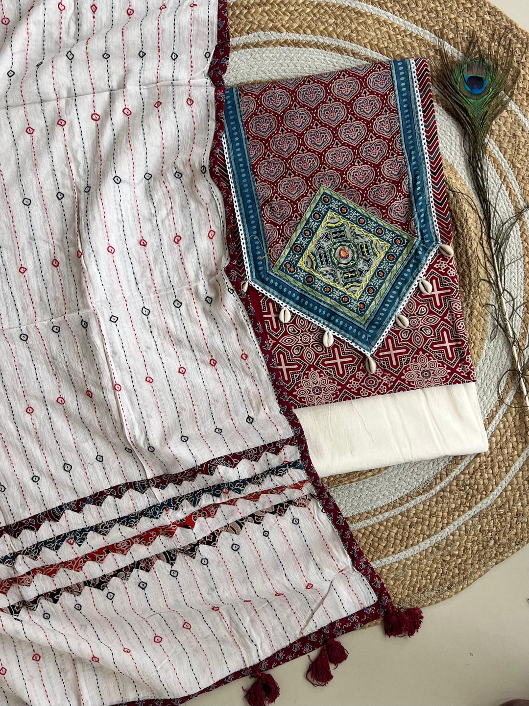 Pure Cotton Azrakh Print Unstitched suit With Patch Work Dupatta.