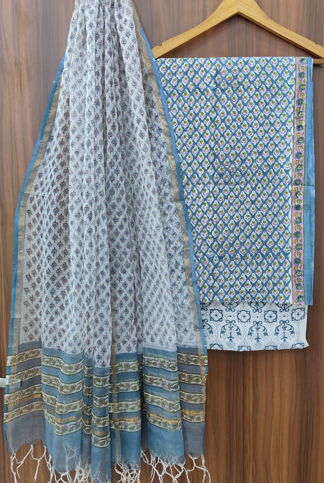 Pure Cotton Hand block print Unstitched Suit with Kota Dupatta.