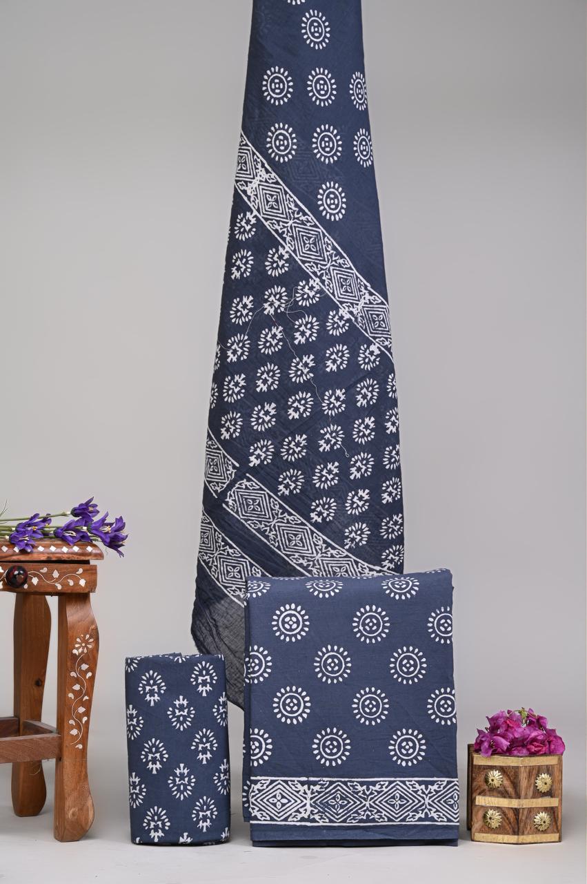 Pure Cotton Hand Block Printed Unstitched Suit Set With Cotton dupatta