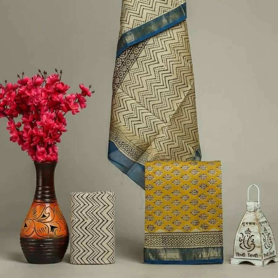 Pure Maheshwari Silk Hand block print Unstitched Suit.