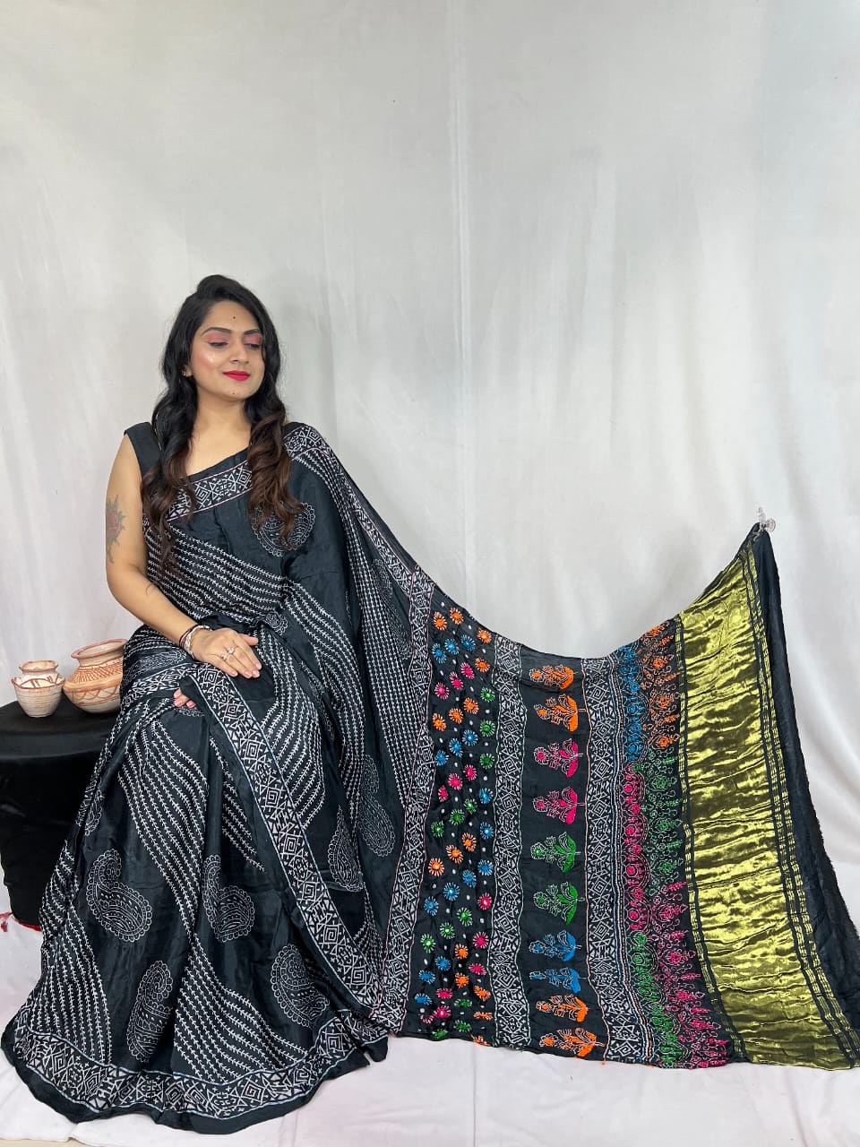 Pure Natural Dyeing Hand Block Ajrakh Print Modal silk saree.