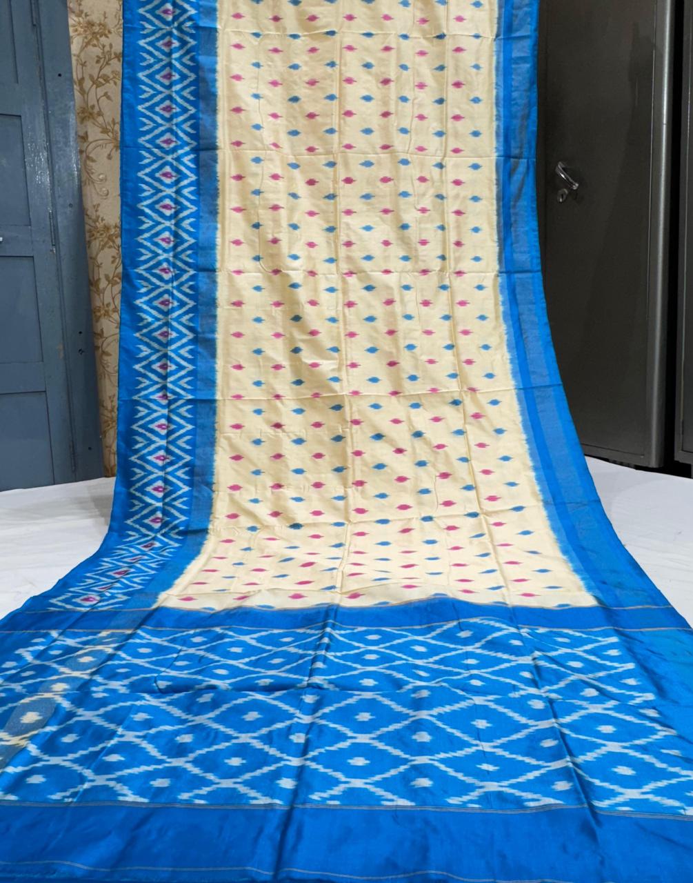 Pure Pochampally Ikkat Silk Saree With Blouse Pthani Pattern Border.