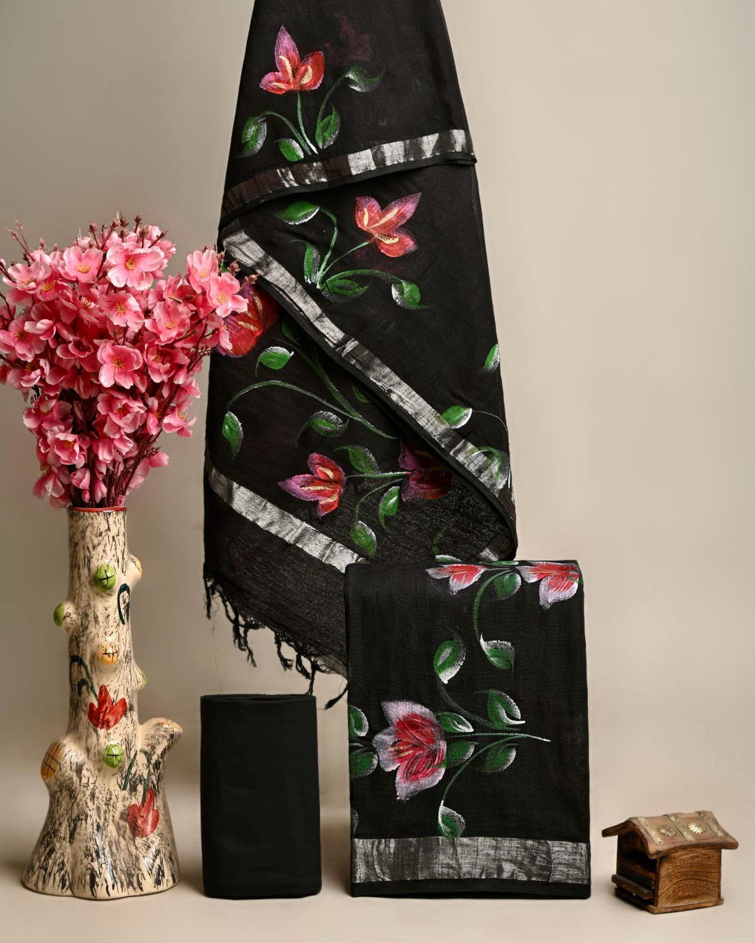 Hand Block Printed Linen Unstitched Suit .