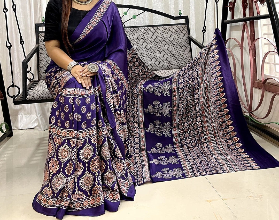 Pure Natural Dyeing Hand Block Print Modal silk saree.