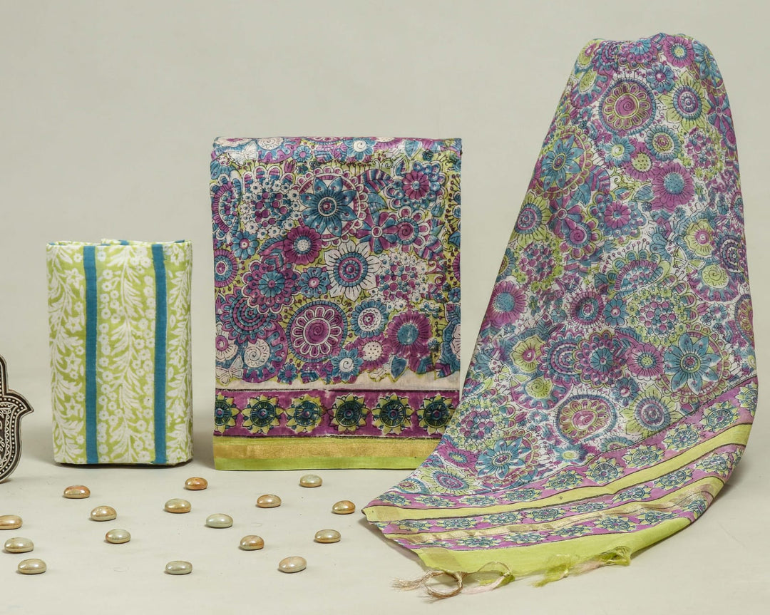 Pure Hand Block Chanderi Silk Unstitched Suit.