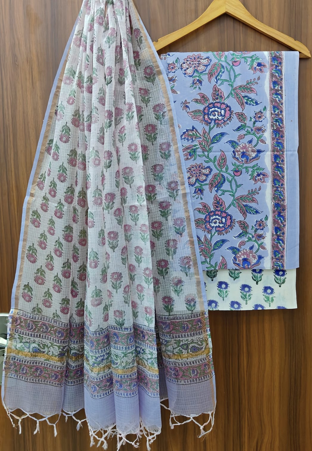 Pure Cotton Hand block print Unstitched Suit with Kota Dupatta.
