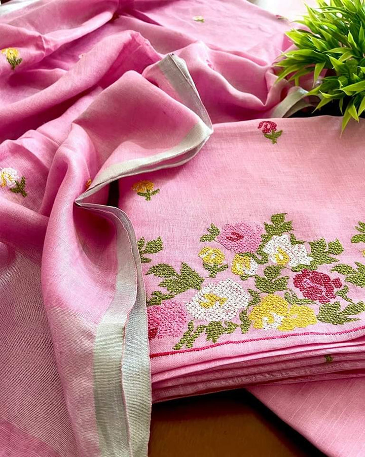 Bhagalpuri Linen By Linen Embroidery Unstitched suit.