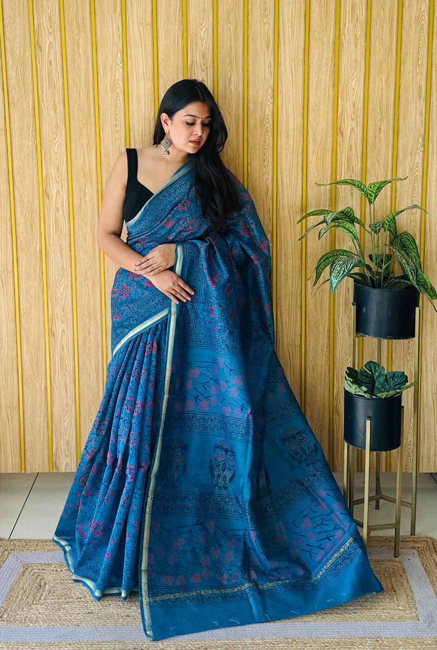 Hand Block Prninted Chanderi Saree .