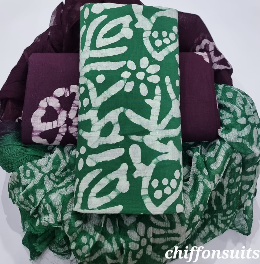 Pure Cotton Hand Block Print Unstitched Suit with chiffon dupatta .