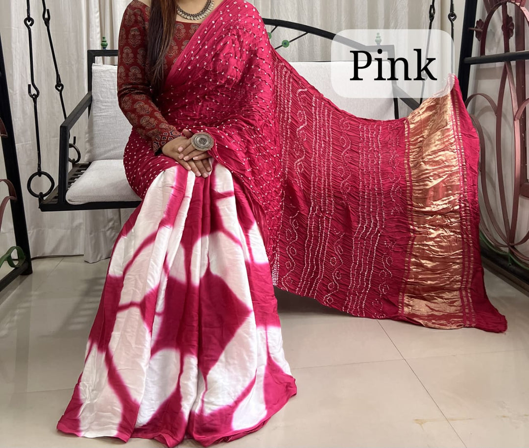 Pure Natural Dyeing Hand Block Bandhej Print Modal silk saree.