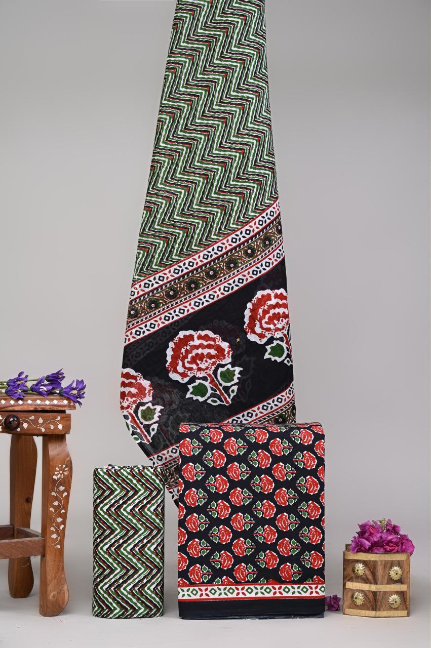 Pure Cotton Hand Block Printed Unstitched Suit Set With Cotton dupatta
