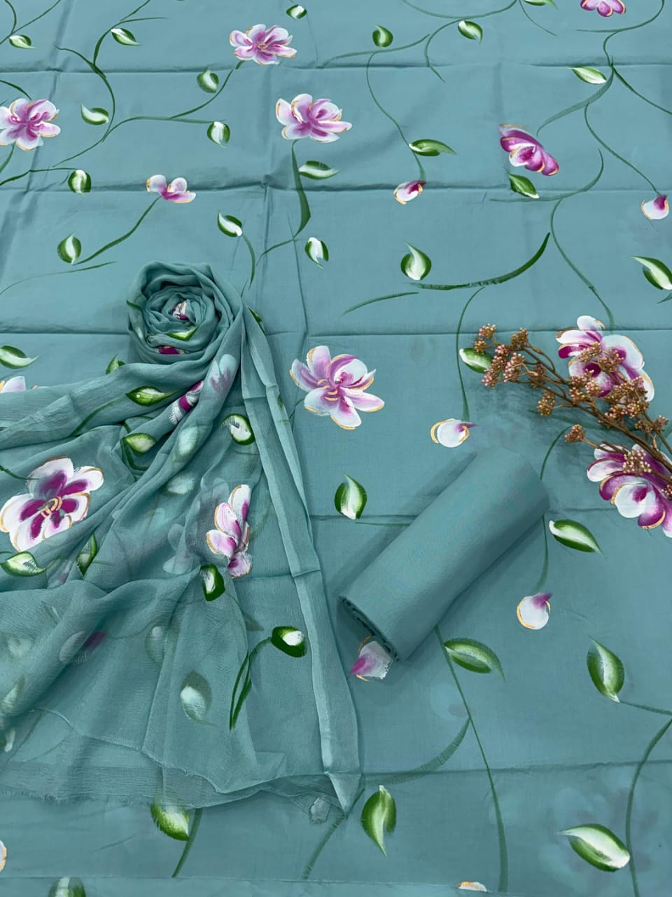 Pure Cotton Hand Block Print Unstitched Suit with chiffon dupatta .