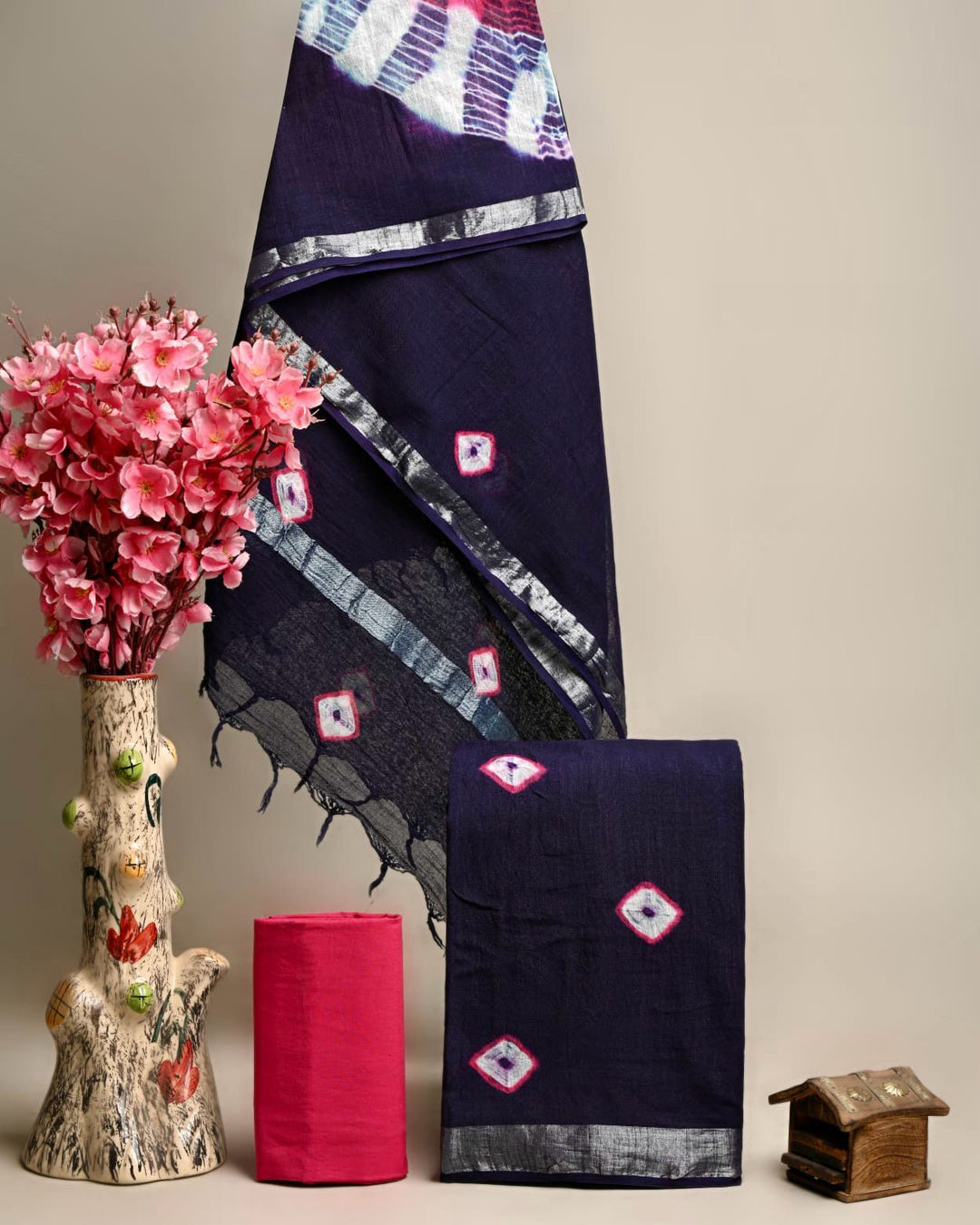 Hand Block Printed Linen Unstitched Suit .
