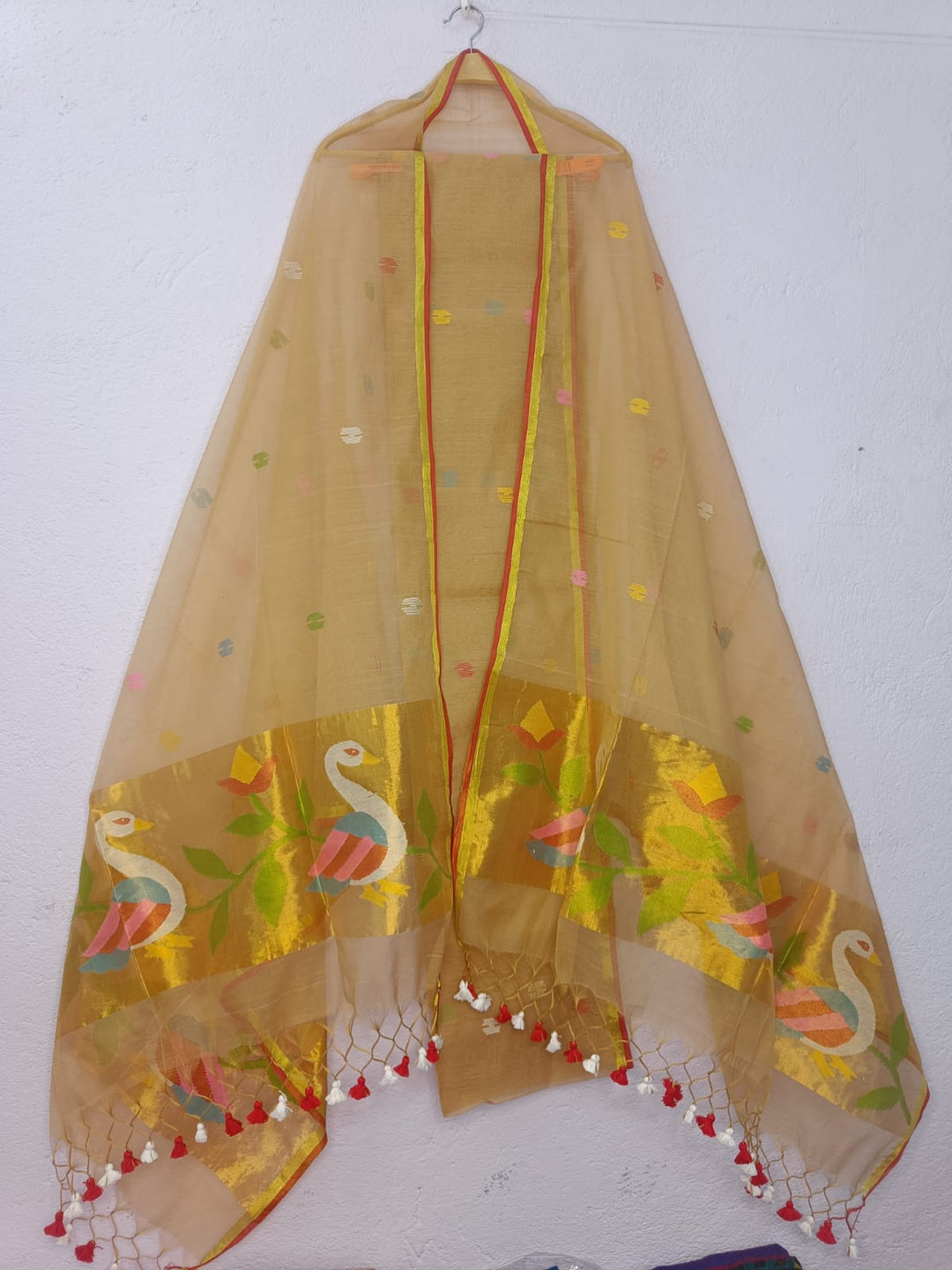 Pure Maslin Jamdani Weaved unstitched suit With Paithani Work .