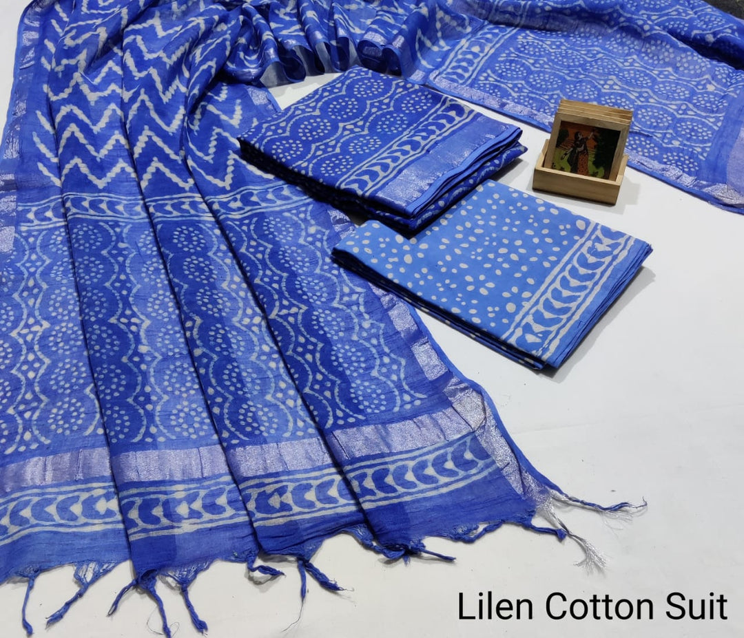 Hand Block Printed Linen Unstitched Suit .