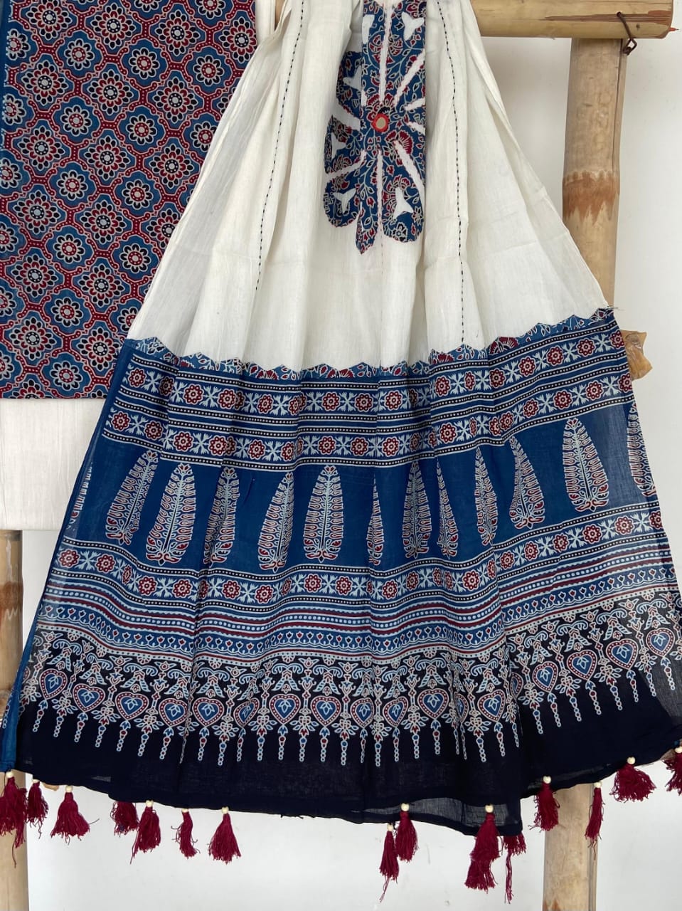 Pure Cotton Azrakh Print Unstitched suit with Patch Work Dupatta