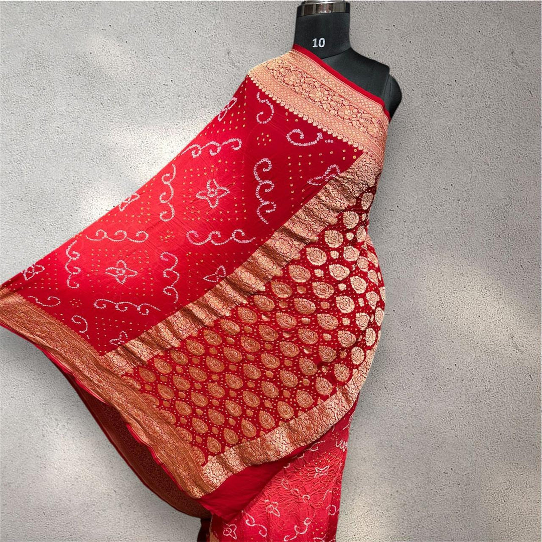 Pure Khaddi Georgette Handloom Neem Zari Work saree With Raiy Bandhej .