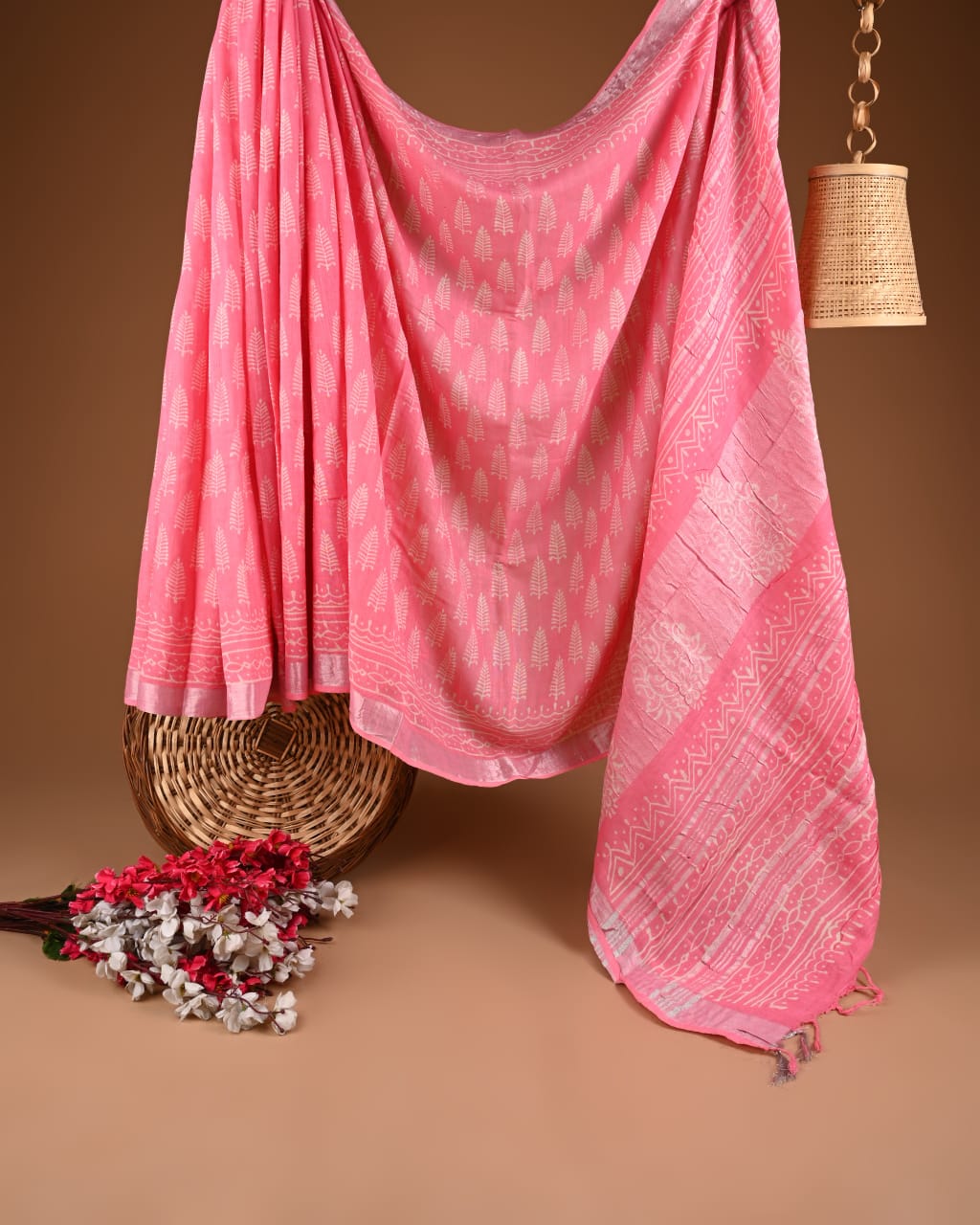 Hand Block Print Linen Saree with Blouse .
