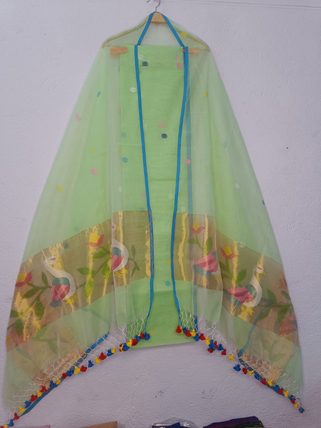 Pure Maslin Jamdani Weaved unstitched suit With Paithani Work .